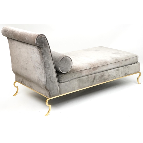 1025 - Contemporary grey upholstered chaise longue with gilt metal frame, 91cm H x 175cm W x 77cm D