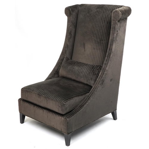 1044 - Contemporary dark olive green upholstered throne lounge chair with ebonised legs and cushion, 119cm ... 