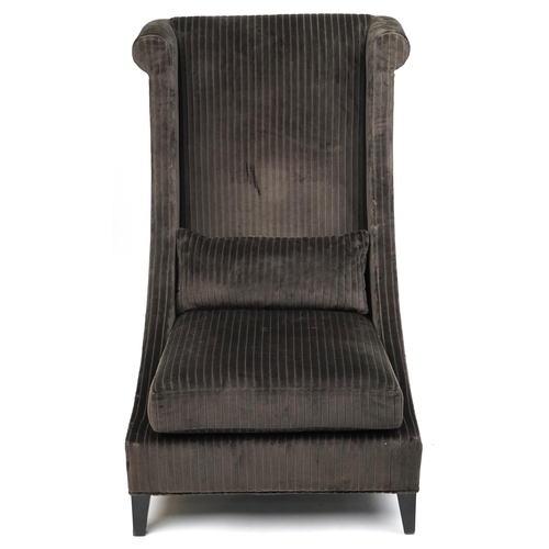 1044 - Contemporary dark olive green upholstered throne lounge chair with ebonised legs and cushion, 119cm ... 