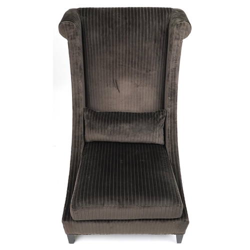 1044 - Contemporary dark olive green upholstered throne lounge chair with ebonised legs and cushion, 119cm ... 