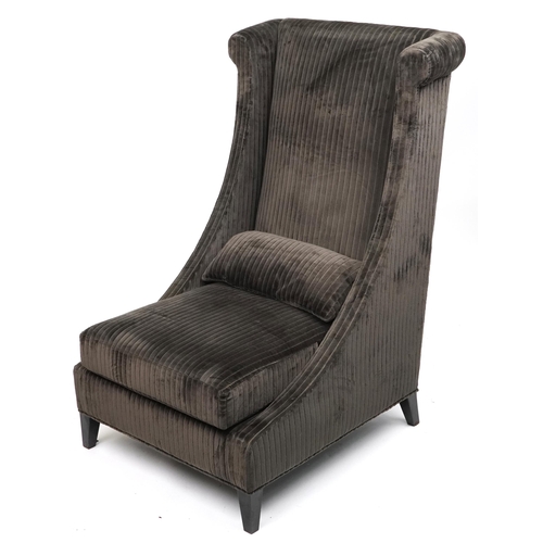 1076 - Contemporary dark olive green upholstered throne lounge chair with ebonised legs and cushion, 119cm ... 