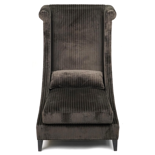 1076 - Contemporary dark olive green upholstered throne lounge chair with ebonised legs and cushion, 119cm ... 