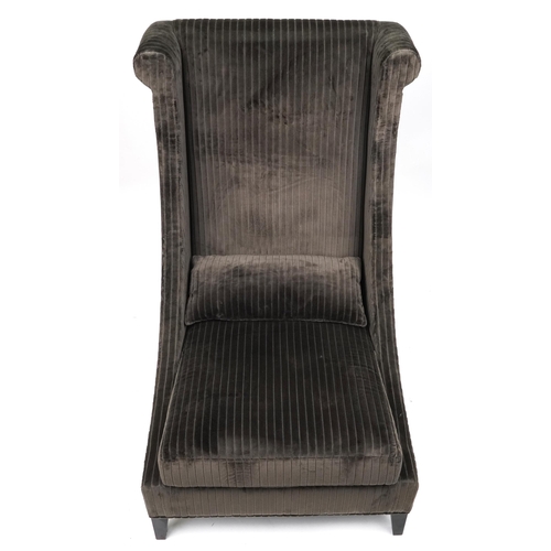 1076 - Contemporary dark olive green upholstered throne lounge chair with ebonised legs and cushion, 119cm ... 