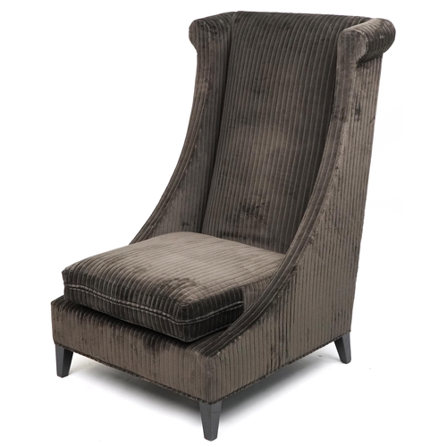 1075 - Contemporary dark olive green upholstered throne lounge chair with ebonised legs, 119cm H x 75cm W x... 