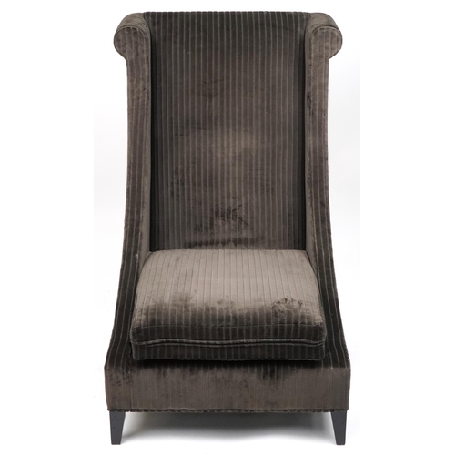 1075 - Contemporary dark olive green upholstered throne lounge chair with ebonised legs, 119cm H x 75cm W x... 