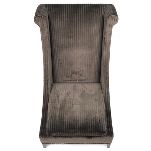 1075 - Contemporary dark olive green upholstered throne lounge chair with ebonised legs, 119cm H x 75cm W x... 