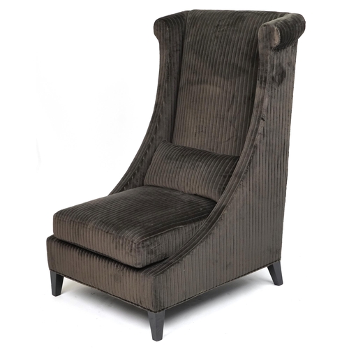 1043 - Contemporary dark olive green upholstered throne lounge chair with ebonised legs and cushion, 119cm ... 