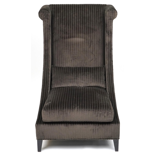 1043 - Contemporary dark olive green upholstered throne lounge chair with ebonised legs and cushion, 119cm ... 