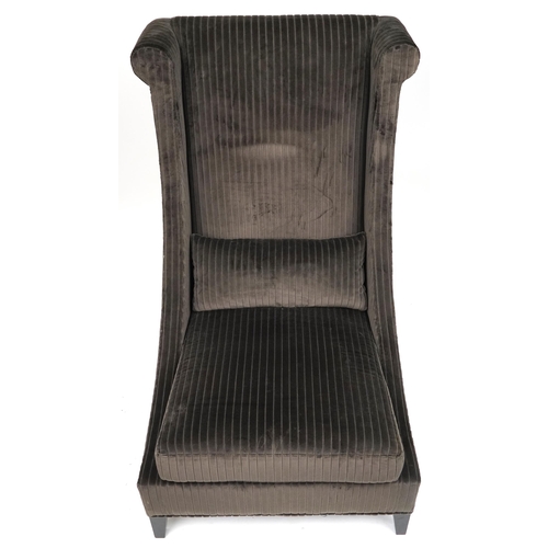 1043 - Contemporary dark olive green upholstered throne lounge chair with ebonised legs and cushion, 119cm ... 