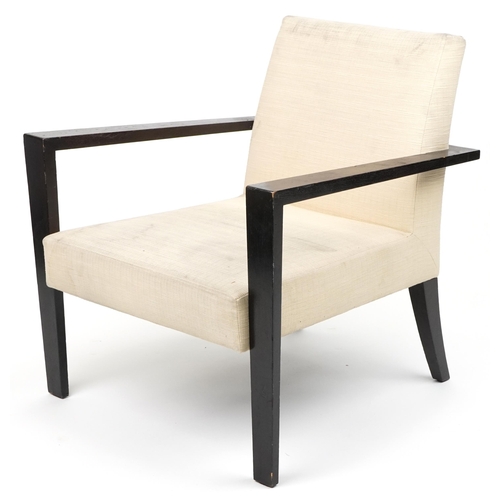 1104 - Roset, contemporary French ebonised lounge chair with cream upholstered back and seat, 78cm H x 74cm... 