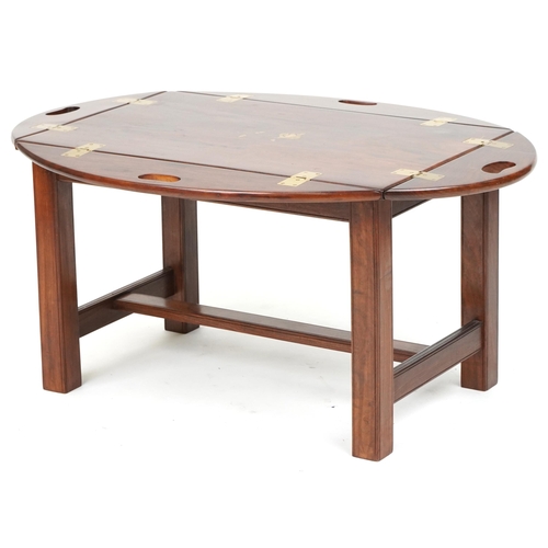 1115 - Mahogany butler's tray table with folding sides and brass foliate inlay, 56cm H x 74cm W x 50cm D as... 