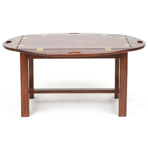 1115 - Mahogany butler's tray table with folding sides and brass foliate inlay, 56cm H x 74cm W x 50cm D as... 