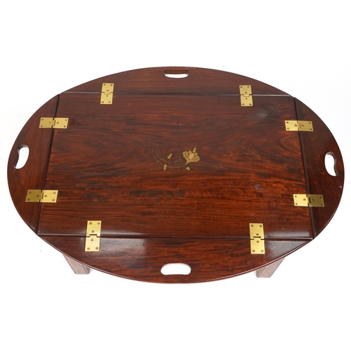 1115 - Mahogany butler's tray table with folding sides and brass foliate inlay, 56cm H x 74cm W x 50cm D as... 