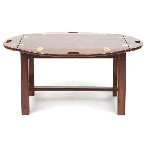 1115 - Mahogany butler's tray table with folding sides and brass foliate inlay, 56cm H x 74cm W x 50cm D as... 