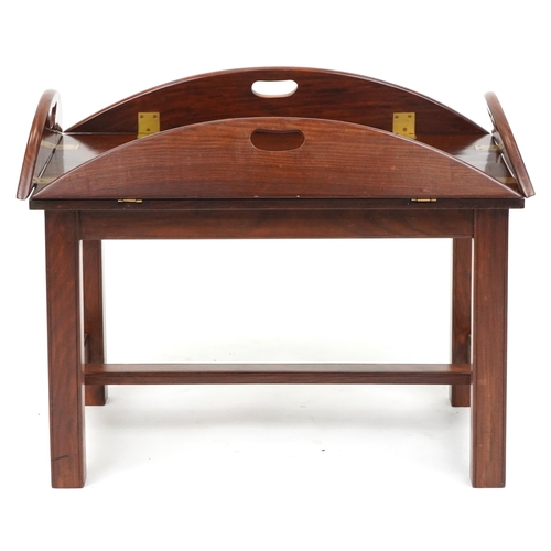 1115 - Mahogany butler's tray table with folding sides and brass foliate inlay, 56cm H x 74cm W x 50cm D as... 