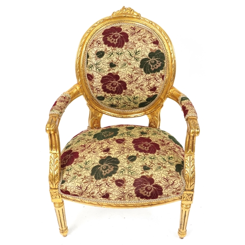 1162 - French Baroque style giltwood elbow chair having cream, red and green floral upholstery, 96.5cm high