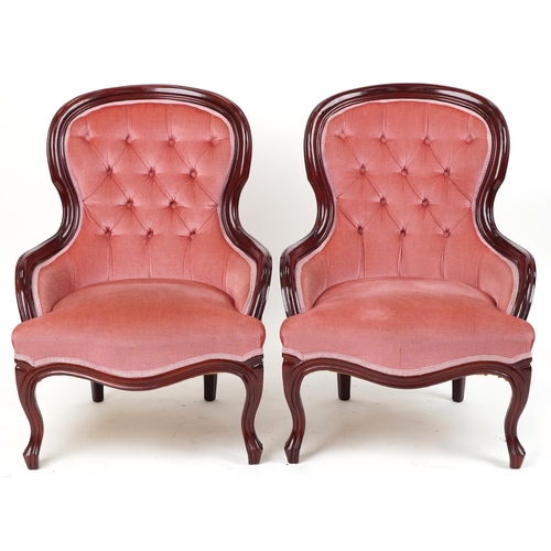 1167 - Pair of Victorian style mahogany bedroom chairs with salmon button back upholstery, each 82cm high