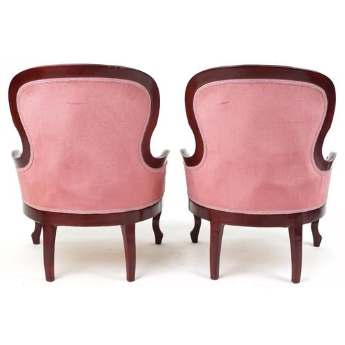 1167 - Pair of Victorian style mahogany bedroom chairs with salmon button back upholstery, each 82cm high