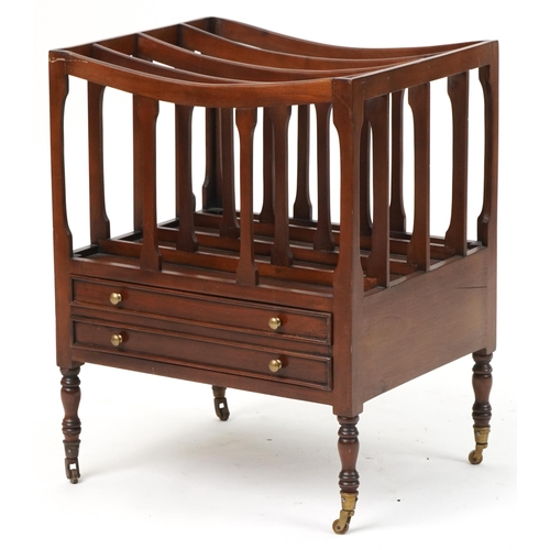 1117 - George III style mahogany Canterbury with base drawer on turned legs with brass casters, 59cm H x 47... 