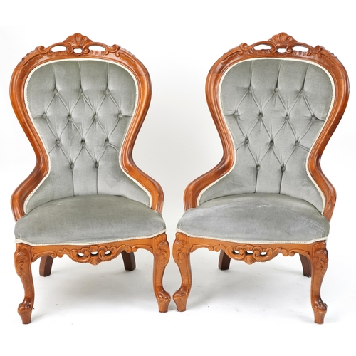 1149 - Pair of Victorian style mahogany spoon back bedroom chairs with carved shell crest and olive green b... 