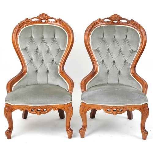 1149 - Pair of Victorian style mahogany spoon back bedroom chairs with carved shell crest and olive green b... 