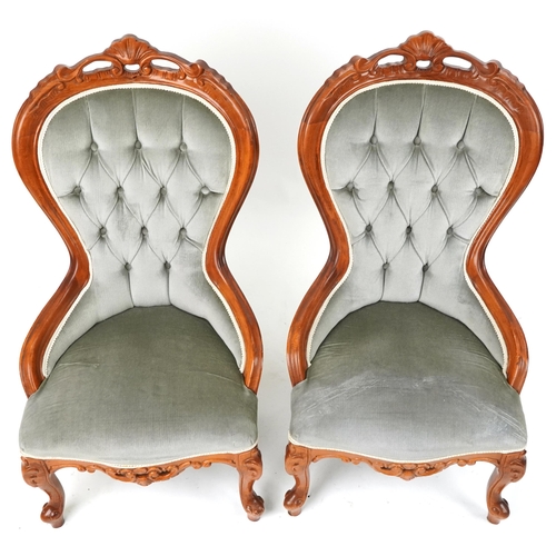 1149 - Pair of Victorian style mahogany spoon back bedroom chairs with carved shell crest and olive green b... 