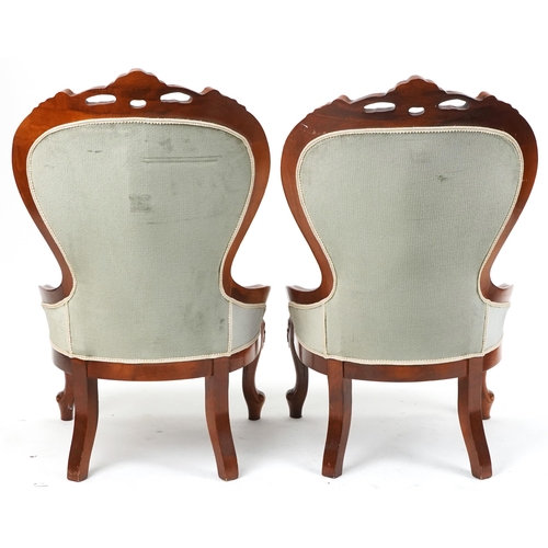 1149 - Pair of Victorian style mahogany spoon back bedroom chairs with carved shell crest and olive green b... 