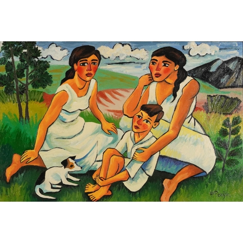 1489 - Manner of Max Pechstein - Family and dog, oil on board, mounted and framed, 59cm x 39.5cm excluding ... 