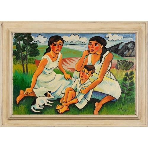 1489 - Manner of Max Pechstein - Family and dog, oil on board, mounted and framed, 59cm x 39.5cm excluding ... 