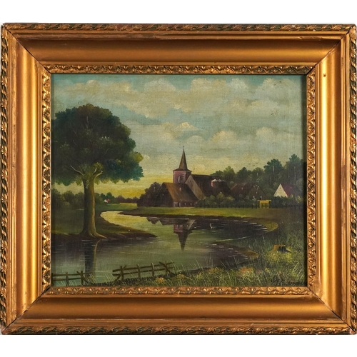 779 - Continental river landscape with church and trees, oil on canvas laid on board, mounted, framed and ... 