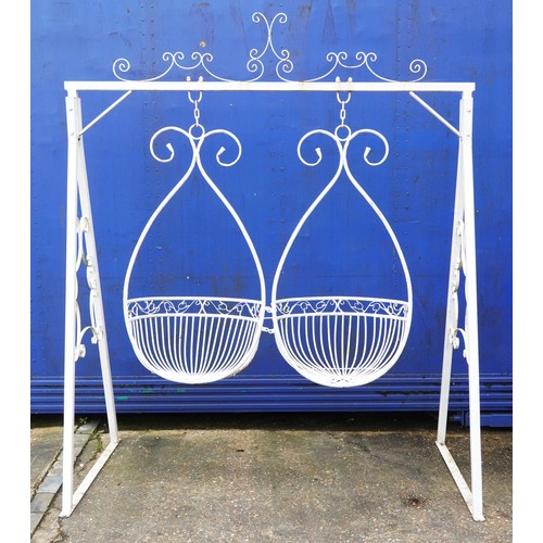 1137 - White painted iron his and hers lover's swing, 237cm H x 197cm W x 102cm D