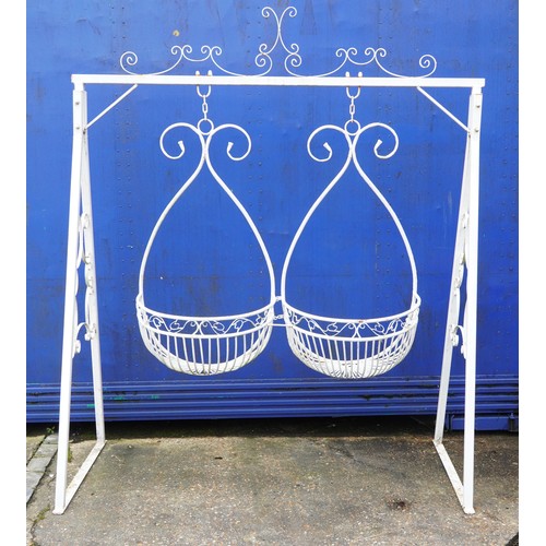 1137 - White painted iron his and hers lover's swing, 237cm H x 197cm W x 102cm D