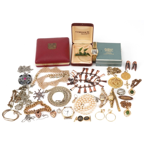 2808 - Antique and later jewellery and wristwatches including Victorian gold plated bracelet with love hear... 