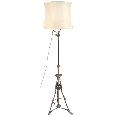 1074 - Victorian aesthetic iron and brass adjustable oil lamp converted for electric use, 195cm high