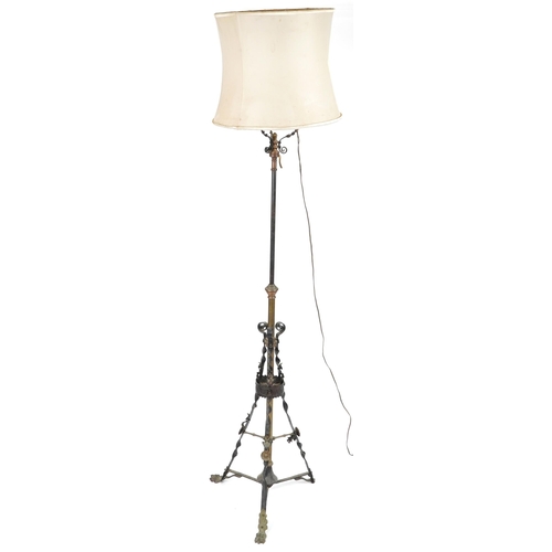 1074 - Victorian aesthetic iron and brass adjustable oil lamp converted for electric use, 195cm high