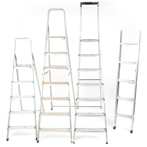 1158A - Four aluminium ladders including Youngman Spacemaker loft ladder and two Beldray stepladders, the la... 