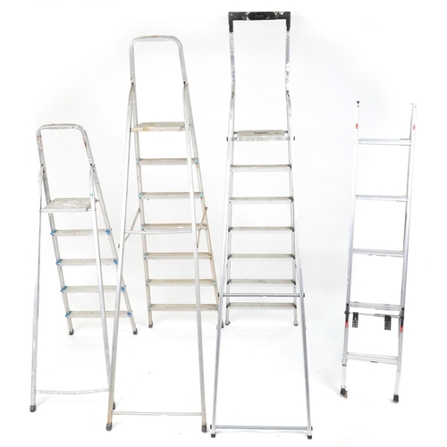 1158A - Four aluminium ladders including Youngman Spacemaker loft ladder and two Beldray stepladders, the la... 