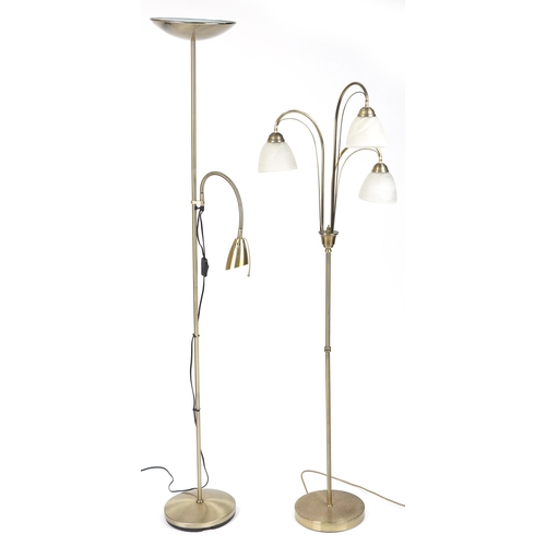 1175 - Two brass standard lamps including a three branch example with frosted glass shades, 179.5cm high