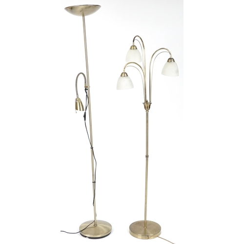 1175 - Two brass standard lamps including a three branch example with frosted glass shades, 179.5cm high