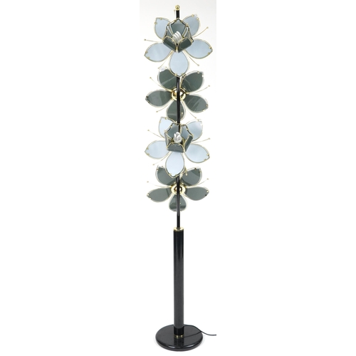 1217 - Contemporary brass and black metal naturalistic flower head design four branch standard lamp, 190cm ... 