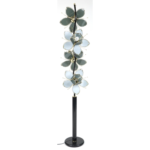 1217 - Contemporary brass and black metal naturalistic flower head design four branch standard lamp, 190cm ... 