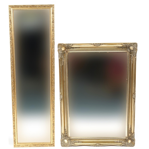 1241 - Two rectangular gilt framed wall mirrors with bevelled glass, 127cm x 37.5cm and 91cm x 65.5cm