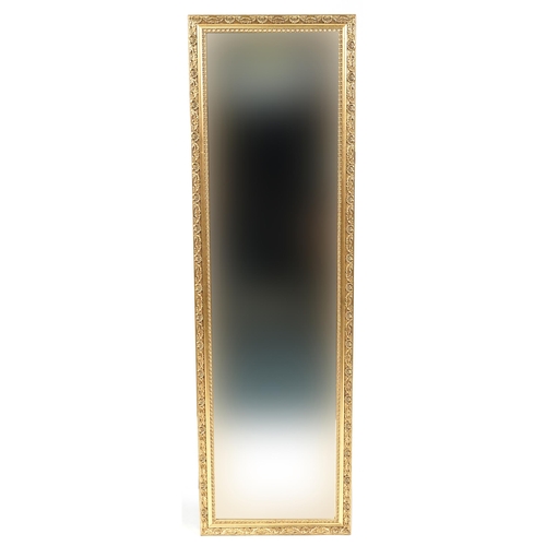 1241 - Two rectangular gilt framed wall mirrors with bevelled glass, 127cm x 37.5cm and 91cm x 65.5cm