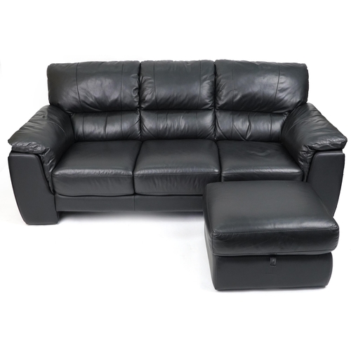 1131 - Contemporary three seater settee with black leather upholstery and footstool, the settee 90cm H x 20... 