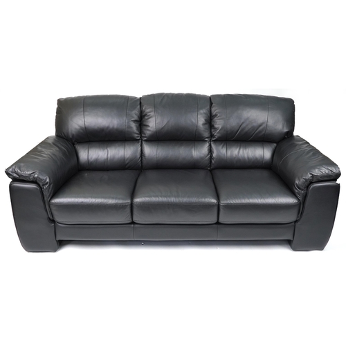 1132 - Contemporary three seater settee with black leather upholstery, 90cm H x 200cm W x 90cm D