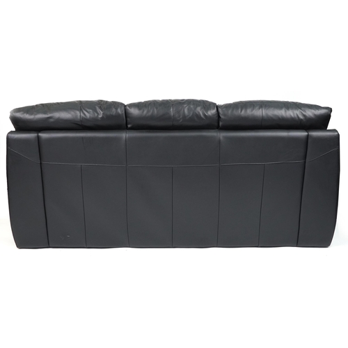 1132 - Contemporary three seater settee with black leather upholstery, 90cm H x 200cm W x 90cm D