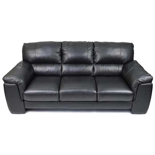 1133 - Contemporary three seater settee with black leather upholstery, 90cm H x 200cm W x 90cm D