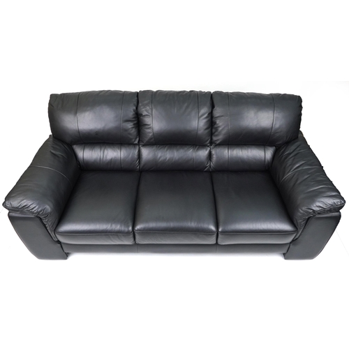 1133 - Contemporary three seater settee with black leather upholstery, 90cm H x 200cm W x 90cm D