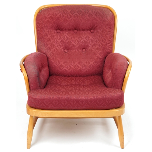 1071 - Ercol light elm Jubilee stick back armchair with red fleur de lis upholstered cushioned seats, 83cm ... 