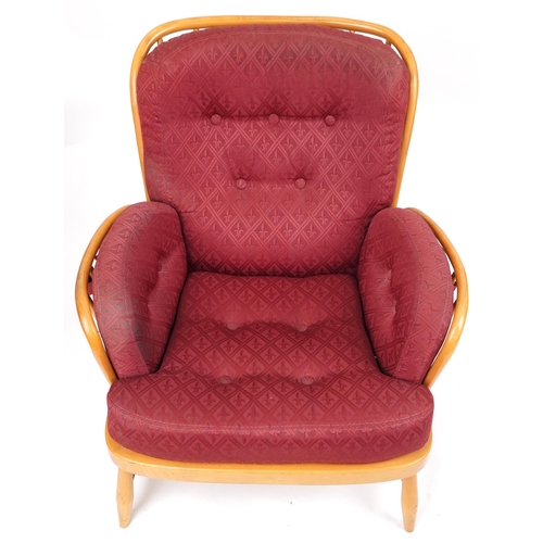 1071 - Ercol light elm Jubilee stick back armchair with red fleur de lis upholstered cushioned seats, 83cm ... 